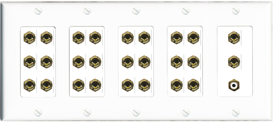 RiteAV 13.1 Surround Sound 13 Speaker 26 Banana Port Wall Plate w/RCA Subwoofer Female Connector - 5 Gang [White]