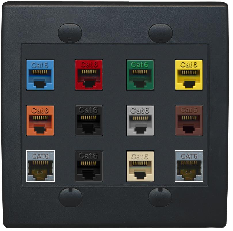 RiteAV Cat6 Colors Wall Plate 12 Port - Flat 2 Gang [Black/Black]