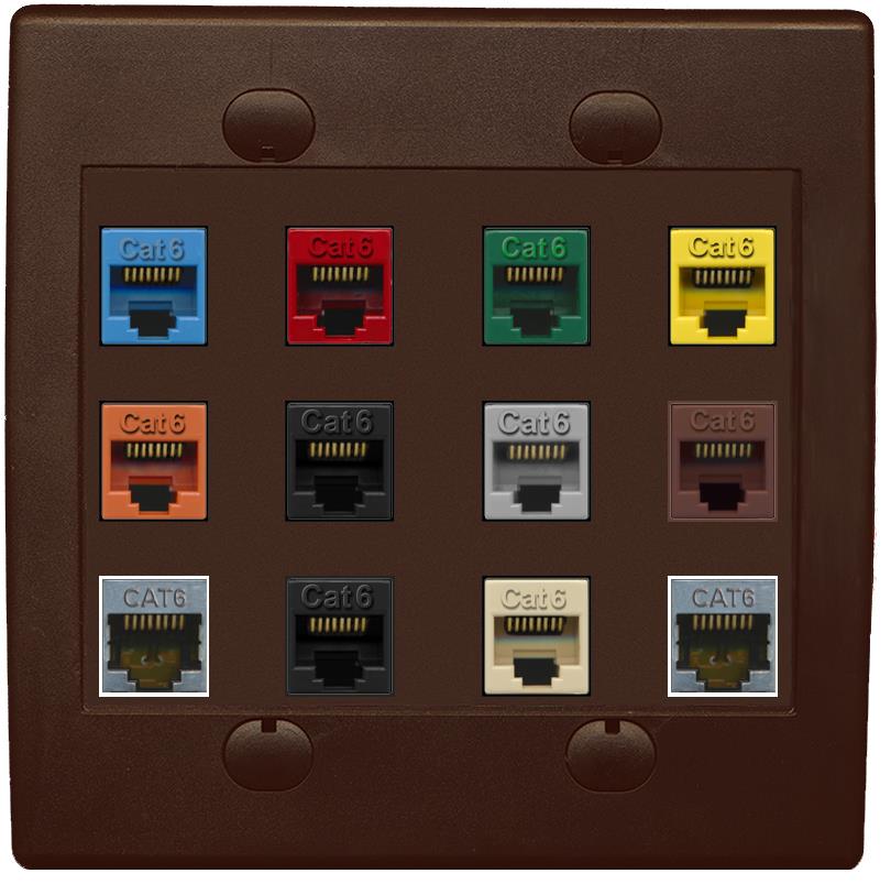 RiteAV Cat6 Colors Wall Plate 12 Port - Flat 2 Gang [Brown/Brown]