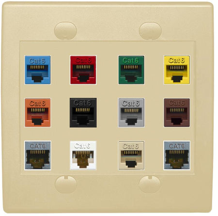 RiteAV Cat6 Colors Wall Plate 12 Port - Flat 2 Gang [Ivory/Ivory]