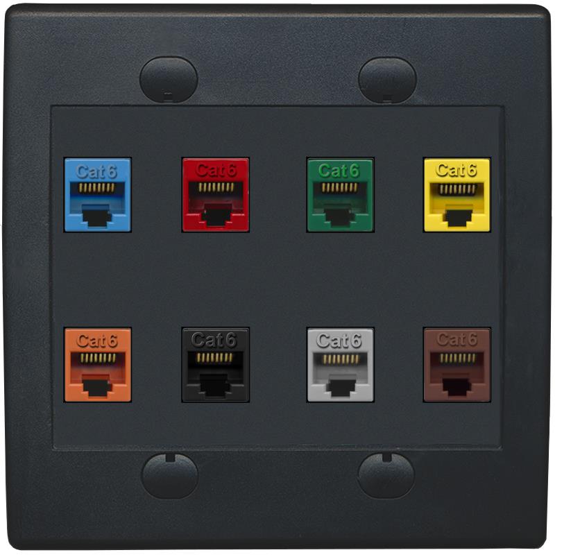 RiteAV Cat6 Colors Wall Plate 8 Port - Flat 2 Gang [Black/Black]