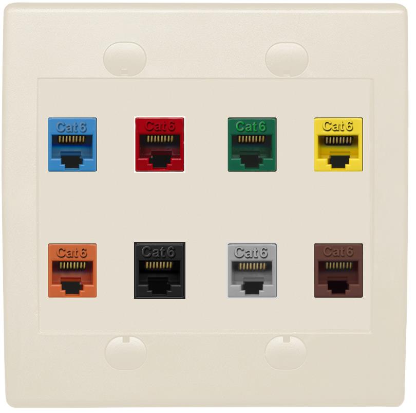 RiteAV Cat6 Colors Wall Plate 8 Port - Flat 2 Gang [Light Almond]