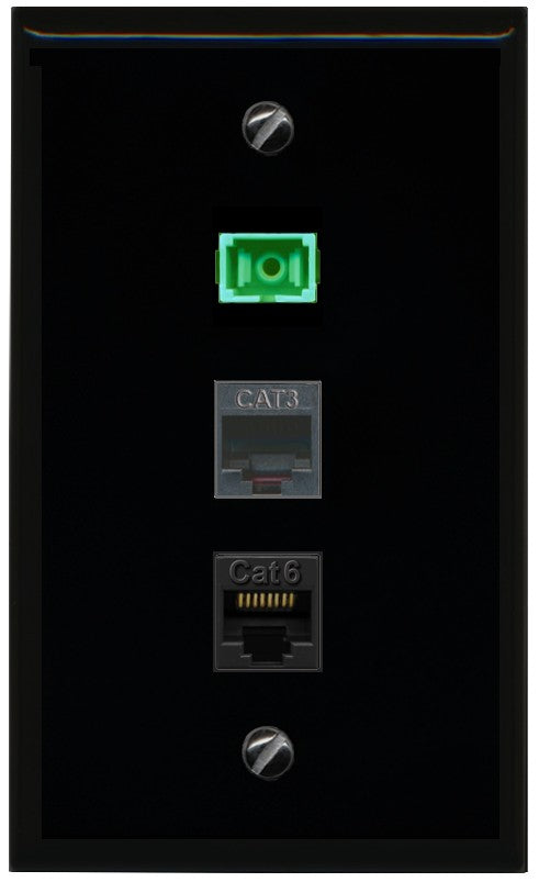 RiteAV SC APC Simplex, Phone Cat3, and Cat6 Ethernet Wall Plate - Flat Style [Black/Black]