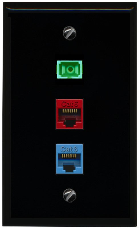 RiteAV SC APC Simplex, 2 Port Cat6 (Red+Blue) Ethernet Wall Plate - Flat Style [Black/Black]