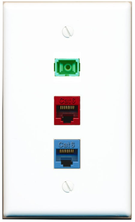 RiteAV SC APC Simplex, 2 Port Cat6 (Red+Blue) Ethernet Wall Plate - Flat Style [White]