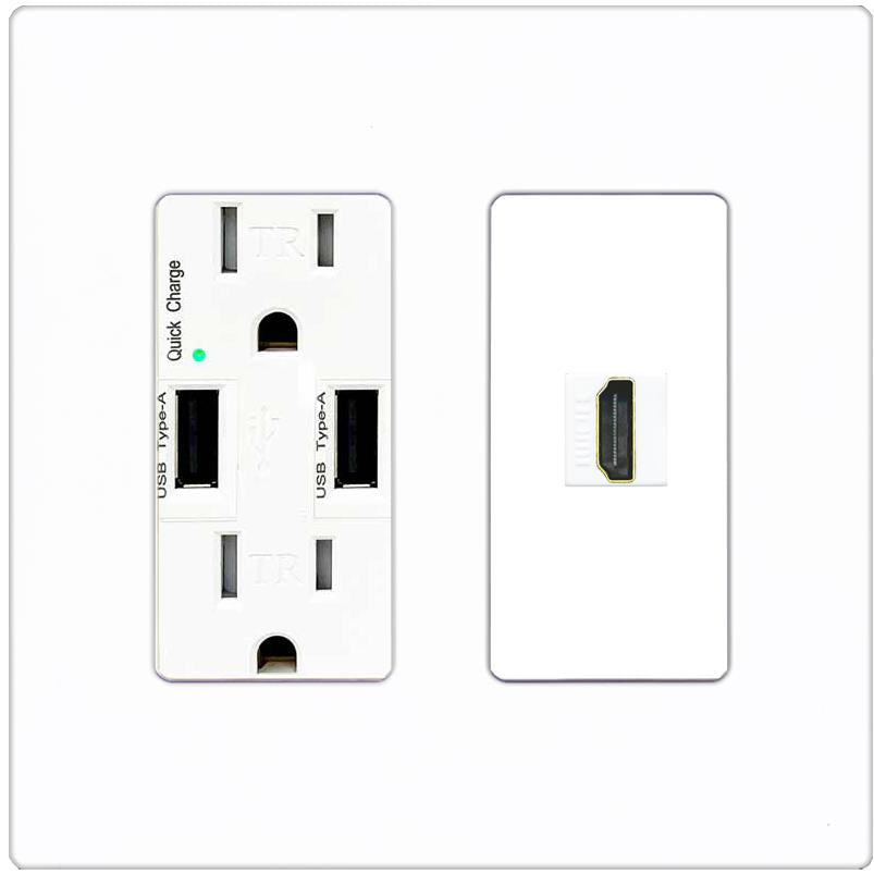 RiteAV HDMI Wall Plate 1 Port - USB Charger [Screwless White]