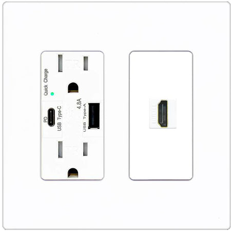 RiteAV HDMI Wall Plate 1 Port - USB A+C Charger [Screwless White]