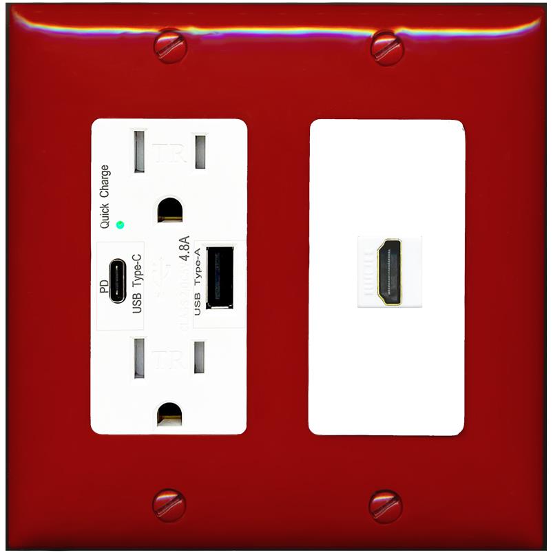RiteAV HDMI Wall Plate 1 Port - USB A+C Charger [Red/White]