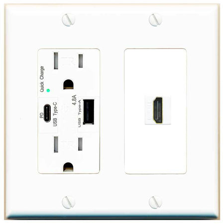 RiteAV HDMI Wall Plate 1 Port - USB A+C Charger [White]