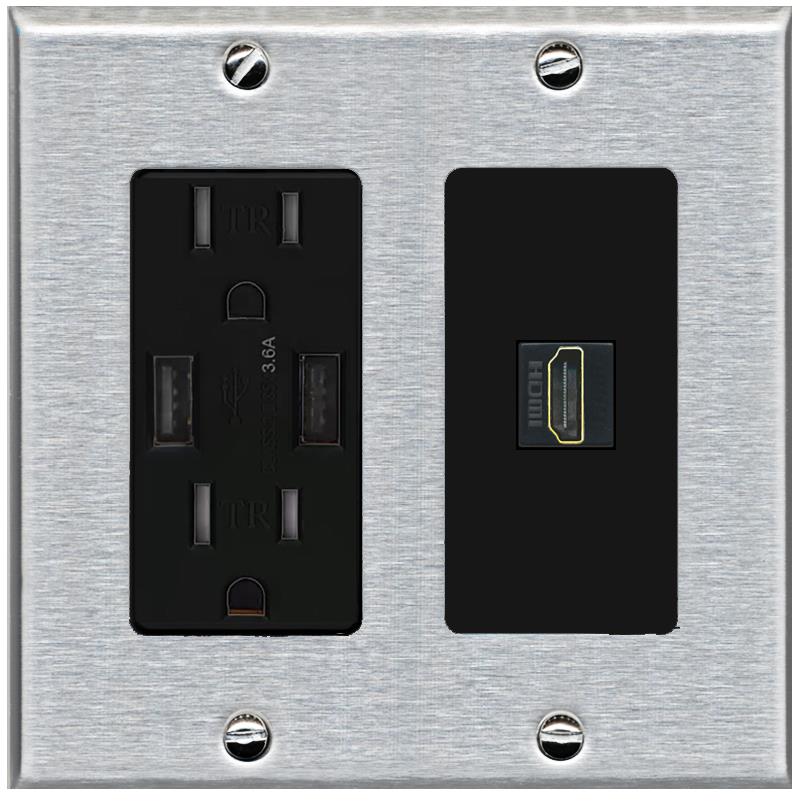 RiteAV HDMI Wall Plate 1 Port - USB Charger [Stainless/Black]
