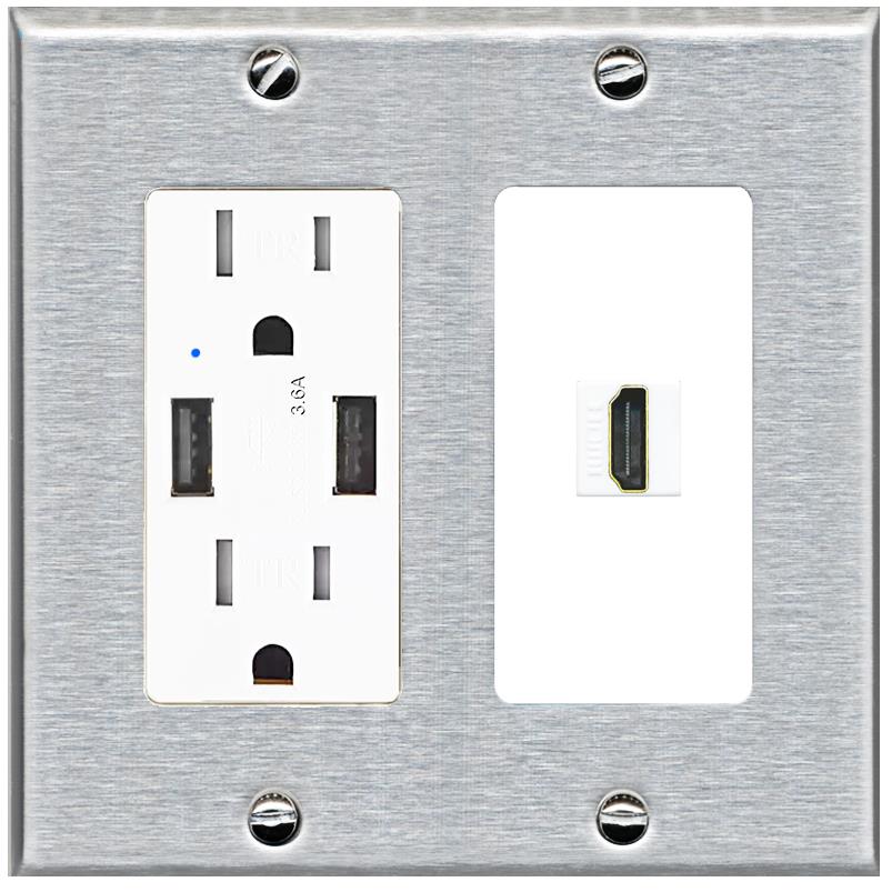 RiteAV HDMI Wall Plate 1 Port - USB Charger [Stainless/White]