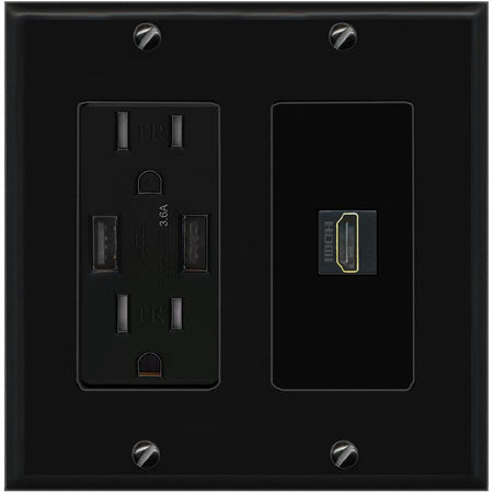 RiteAV HDMI Wall Plate 1 Port - USB Charger [Black/Black]