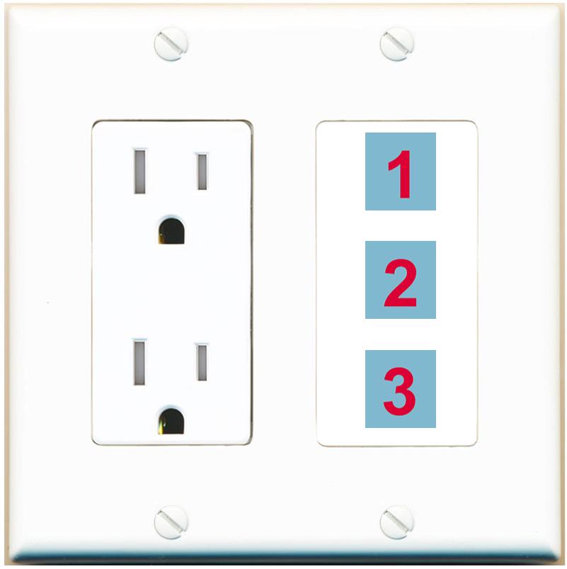 3 Port Custom Keystone Wall Plate with Tamper Resistant DecorZ Power Outlet
