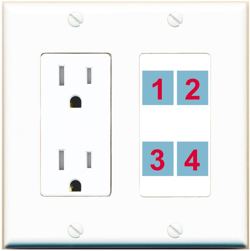 4 Port Custom Keystone Wall Plate with Tamper Resistant DecorZ Power Outlet