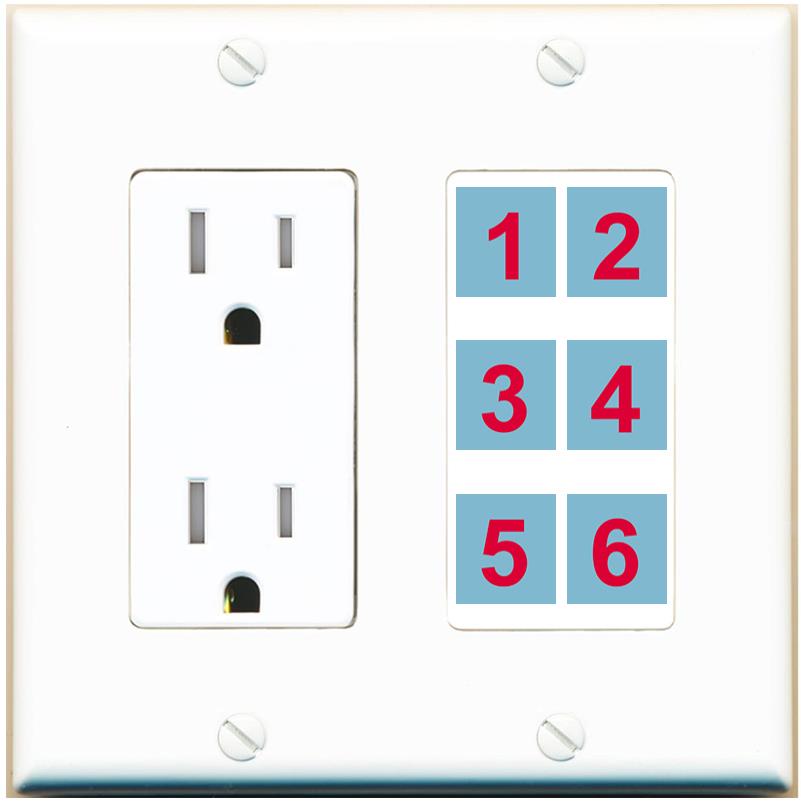 6 Port Custom Keystone Wall Plate with Tamper Resistant DecorZ Power Outlet