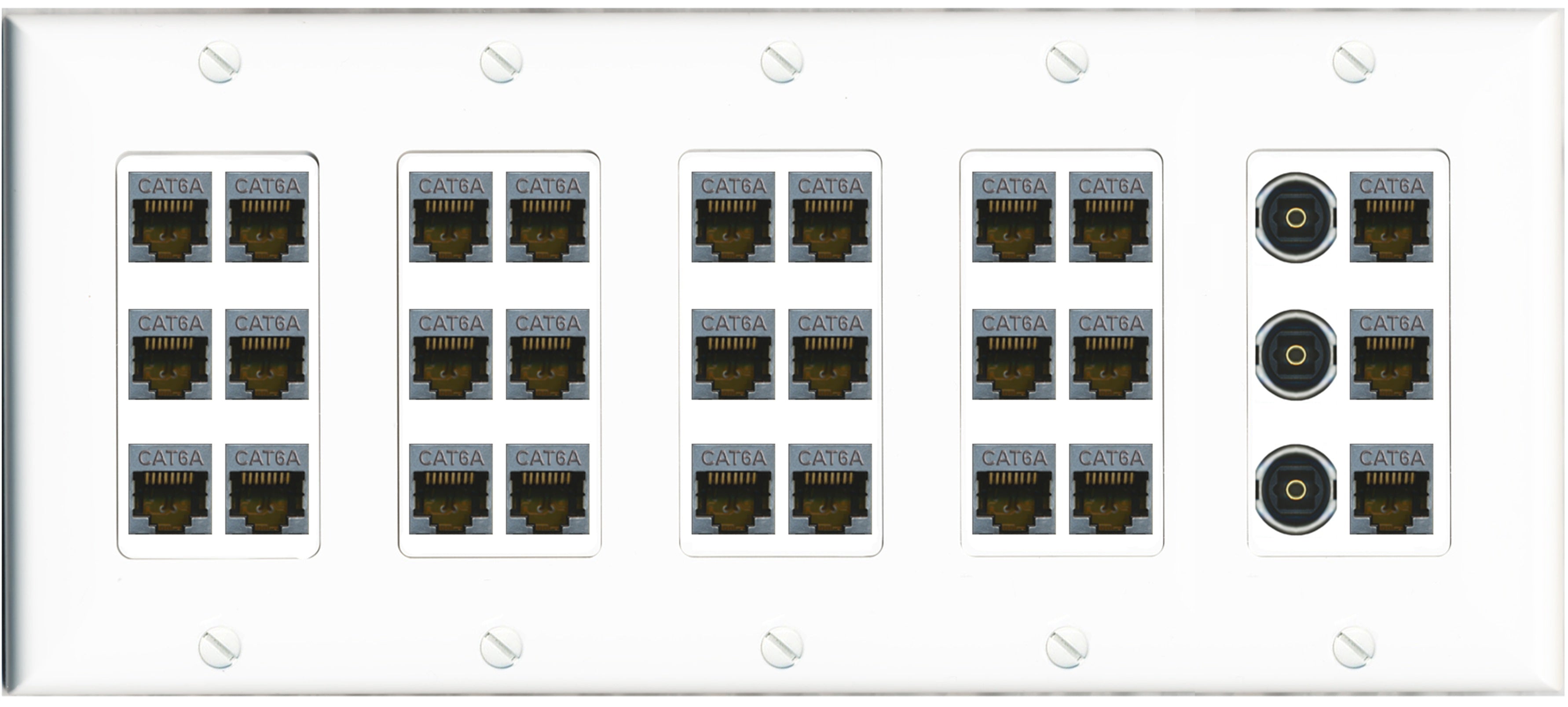 RiteAV 27 Port Cat6A 3 x Toslink Keystone Wall Plate Ethernet Network Data Office Server Room Low Voltage Commercial - 5 Gang [White]