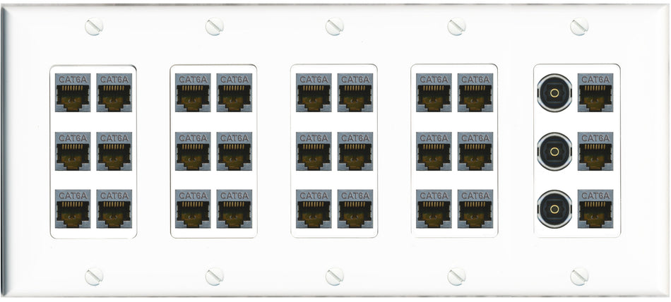 RiteAV 27 Port Cat6A 3 x Toslink Keystone Wall Plate Ethernet Network Data Office Server Room Low Voltage Commercial - 5 Gang [White]
