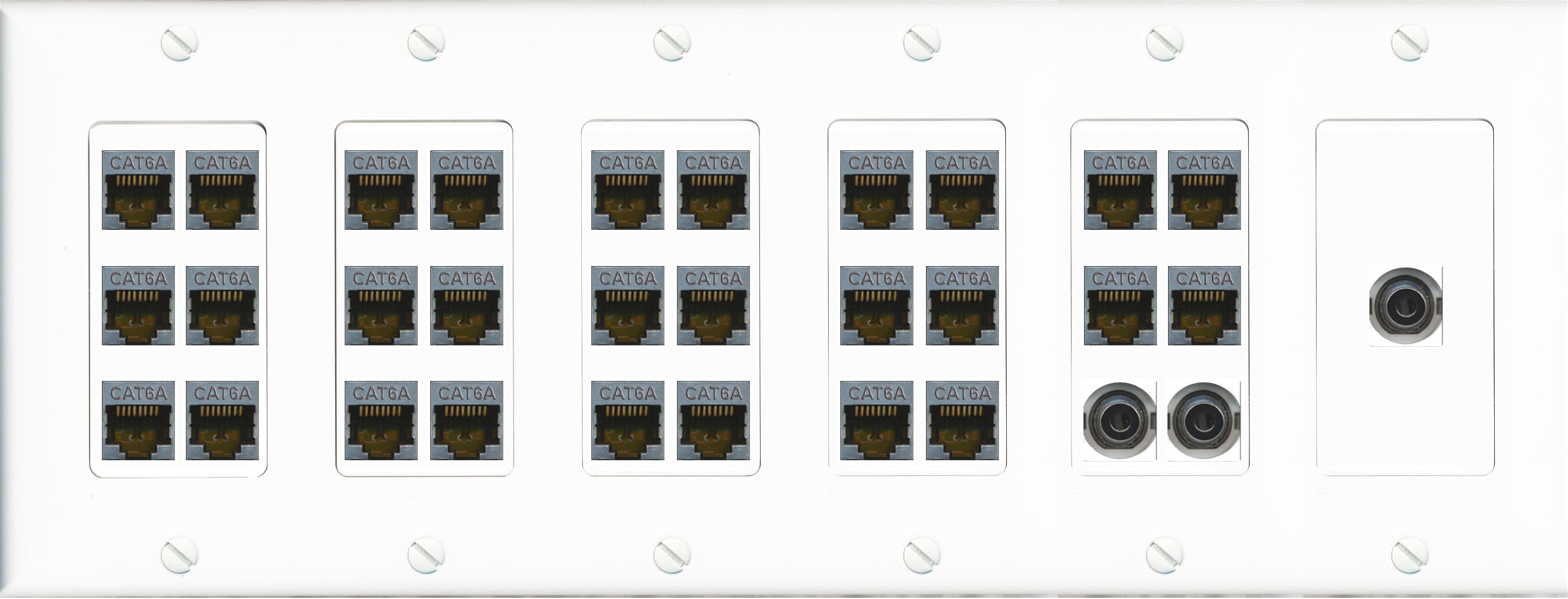 RiteAV 28 Port Cat6A 3.5mm Keystone Wall Plate Ethernet Network Data Office Server Room Low Voltage Commercial - 6 Gang [White]
