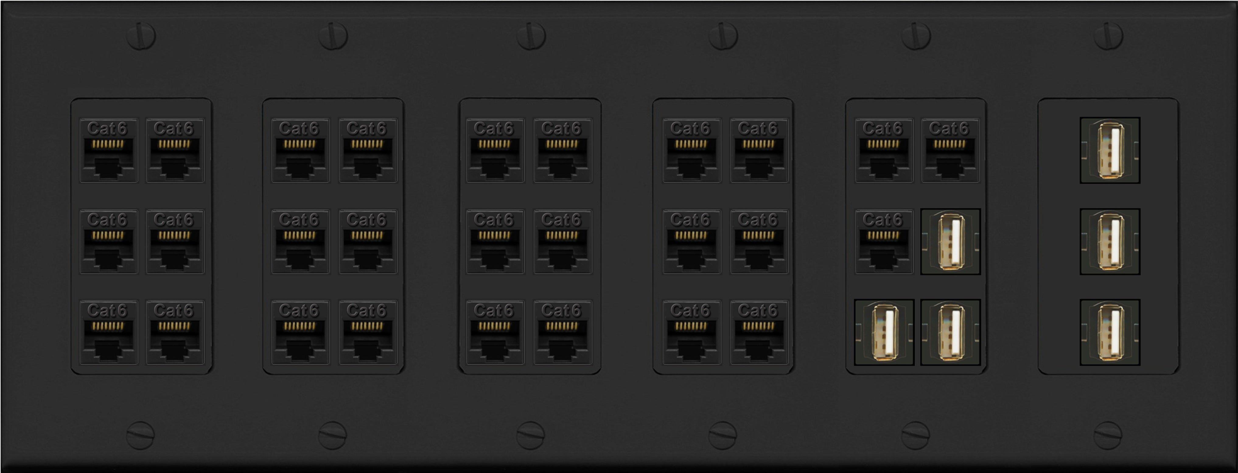 RiteAV 27 Port Cat6 6 x USB 2.0 Coupler Keystone Wall Plate Data PC Home Theater Office Media Connection Low Voltage - 6 Gang [Black]