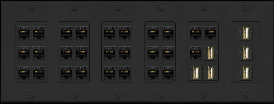 RiteAV 27 Port Cat6 6 x USB 2.0 Coupler Keystone Wall Plate Data PC Home Theater Office Media Connection Low Voltage - 6 Gang [Black]