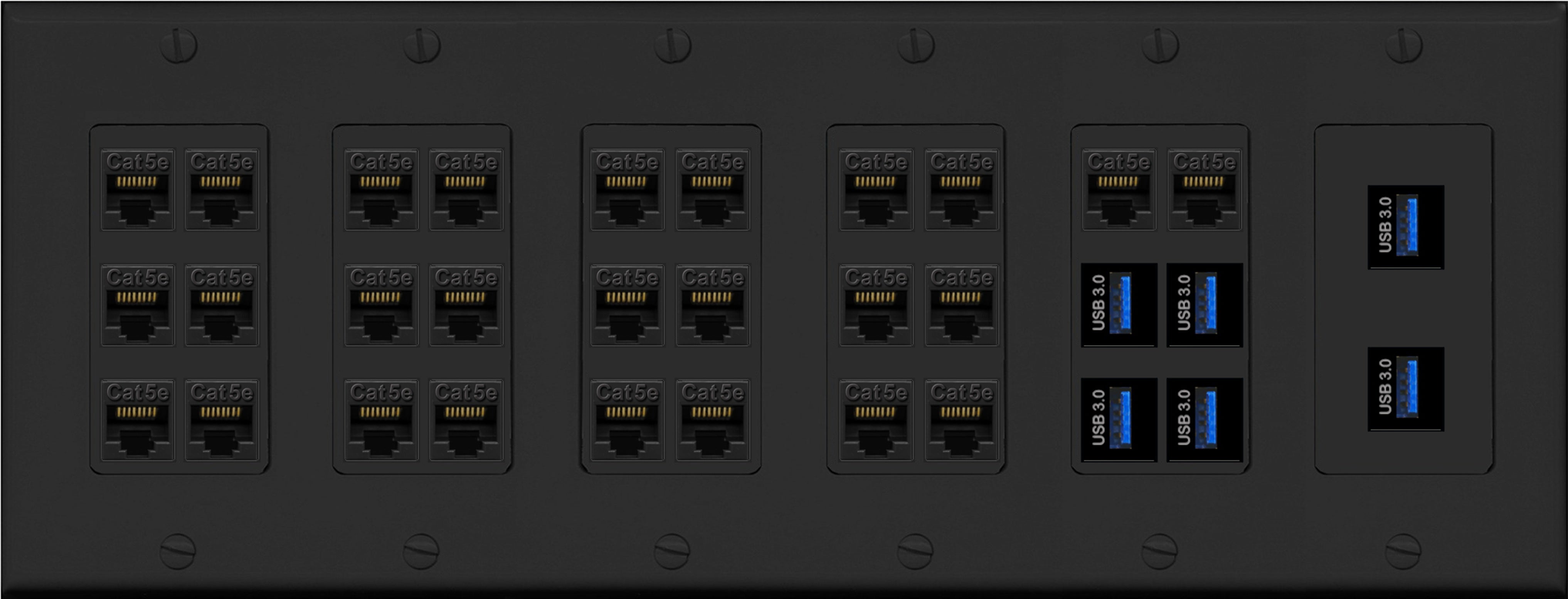 RiteAV 26 Port Cat5e 6 x USB 3.0 Coupler Keystone Wall Plate Data PC Home Theater Office Media Connection Low Voltage - 6 Gang [Black]