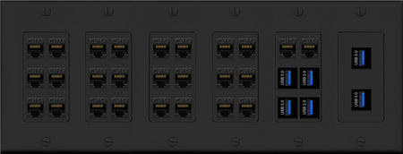RiteAV 26 Port Cat5e 6 x USB 3.0 Coupler Keystone Wall Plate Data PC Home Theater Office Media Connection Low Voltage - 6 Gang [Black]