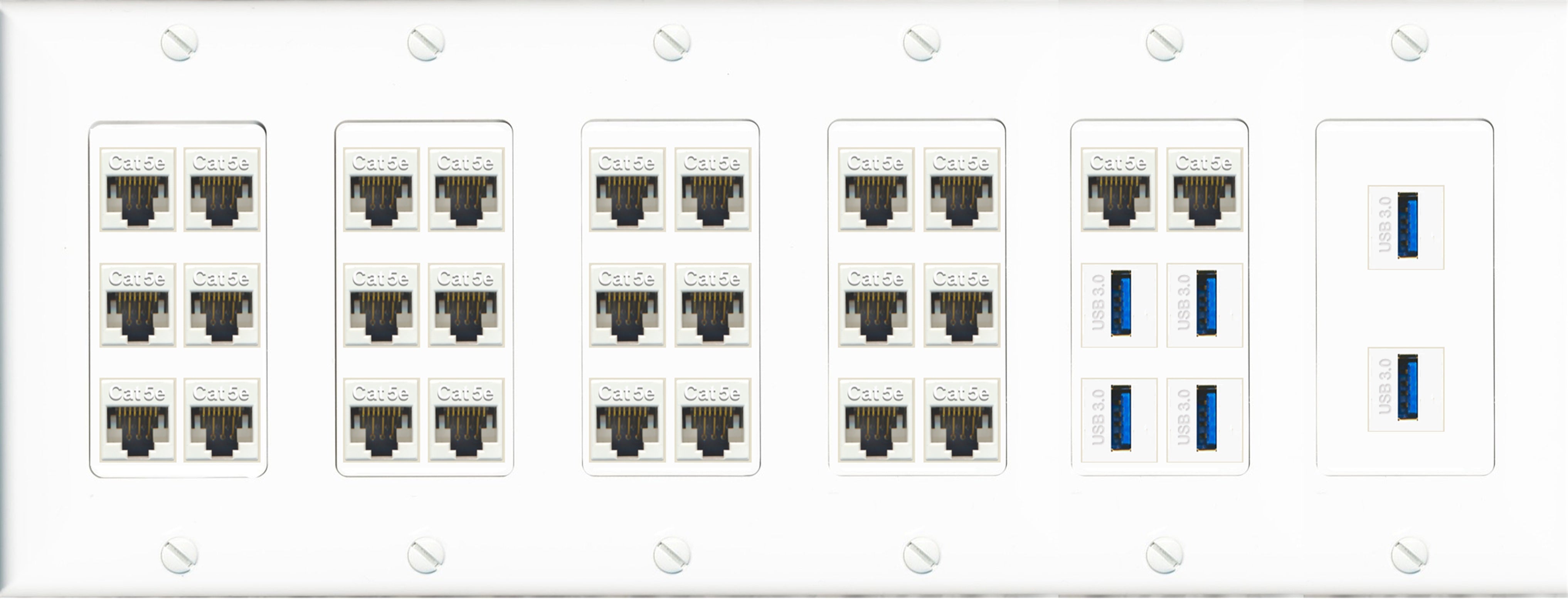 RiteAV 26 Port Cat5e 6 x USB 3.0 Coupler Keystone Wall Plate Data PC Home Theater Office Media Connection Low Voltage - 6 Gang [White]