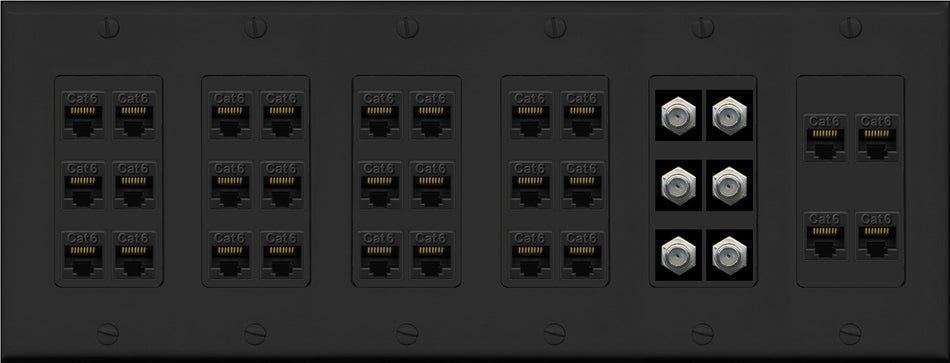 RiteAV 28 Port Cat6 6 x Coax Keystone Wall Plate Cable TV AV Multimedia Low Voltage Commercial - 6 Gang [Black]
