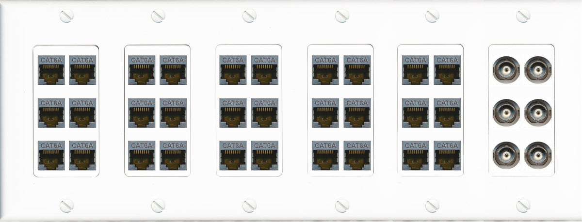 RiteAV 30 Port Cat6A 6 x BNC Keystone Wall Plate CCTV Security Camera Surveillance Video Low Voltage Commercial - 6 Gang [White]