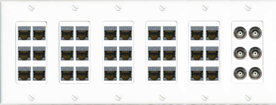 RiteAV 30 Port Cat6A 6 x BNC Keystone Wall Plate CCTV Security Camera Surveillance Video Low Voltage Commercial - 6 Gang [White]