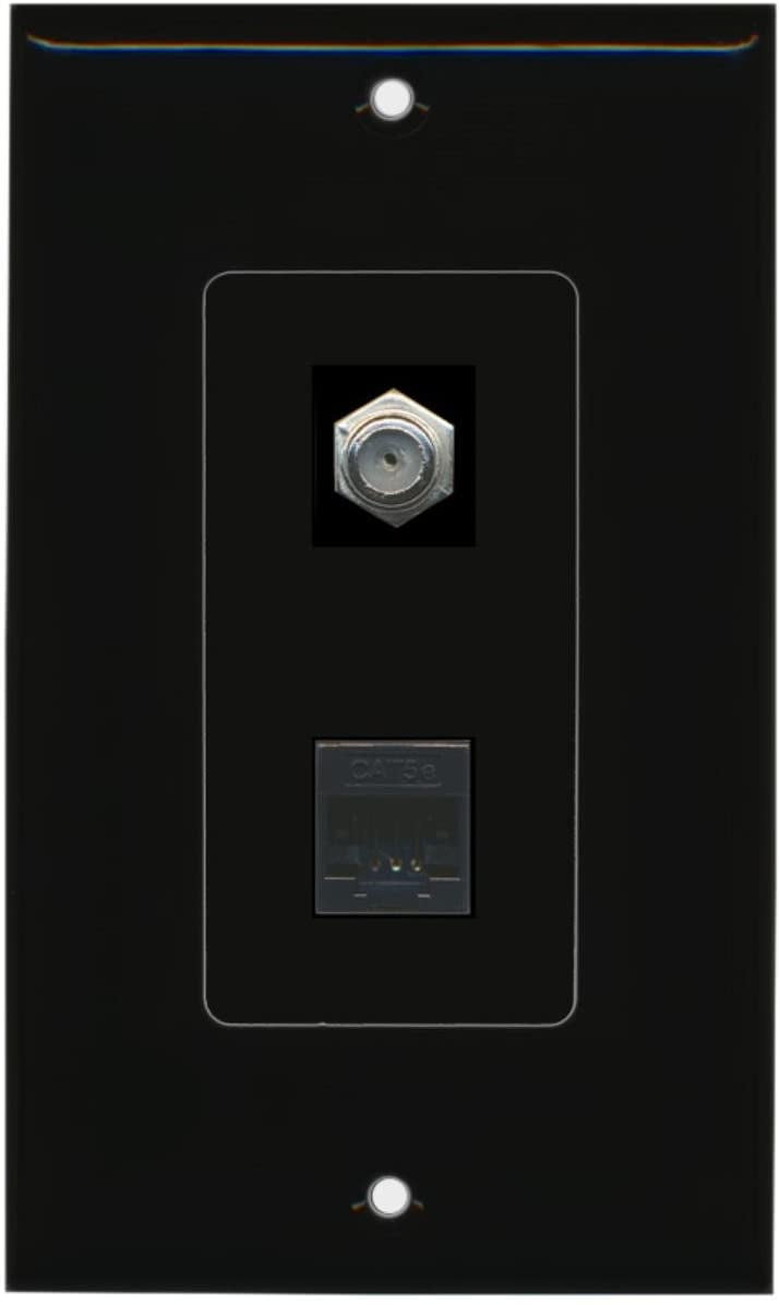 RiteAV - 1 Port Coax Port Cable TV F Type - 1 Port Cat5e Ethernet Decorative Wall Plate - Black - Bracket Included