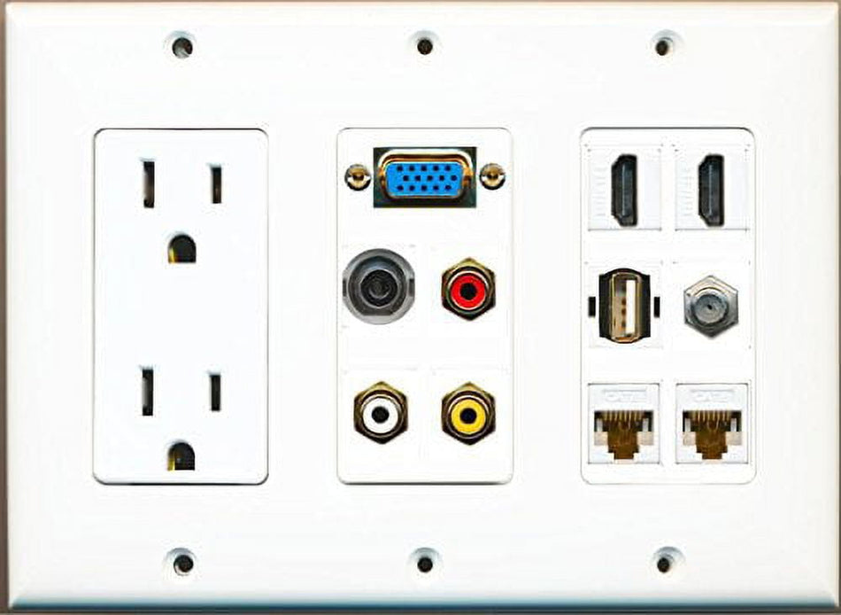 RiteAV 2 Hdmi 2 Cat6 3.5mm RCA Composite Coax USB-A SVGA Power Outlet Wall Plate - White