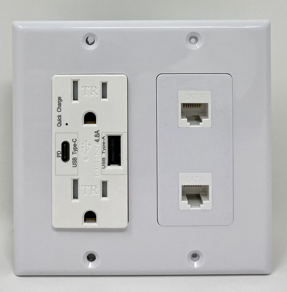 RiteAV USB Charger Outlet 15A/125V with USB Type-A/USB Type-C Charging Ports and 2 x Cat6 Ethernet Decorative White Wall Plate