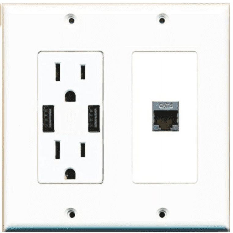 RiteAV USB Charger Outlet 15A/125V with Dual 3.6A USB Charging Ports and 1 x Shielded Cat6 Decorative White Wall Plate