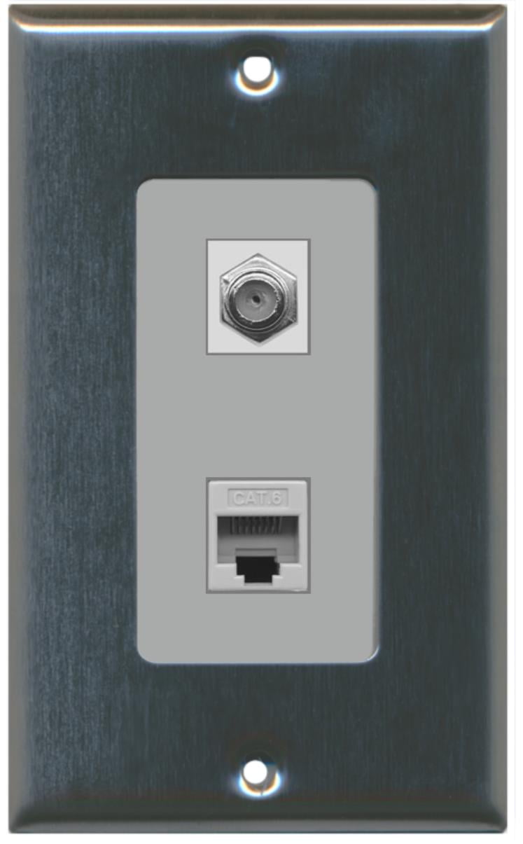 RiteAV - 1 Coax Cable TV F and 1 Cat6 Ethernet Wall Plate Decorative - Stainless Steel/Gray - Bracket Included