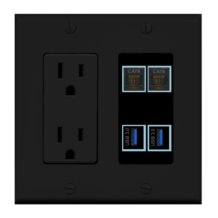 4 Port Custom Keystone Wall Plate w/DecorZ Power Outlet Black