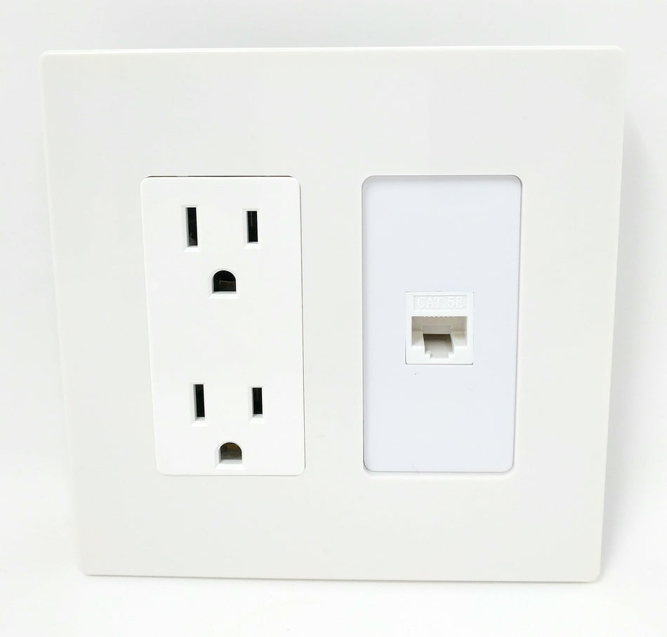 RiteAV - 15 Amp Power Outlet and 1 Port Cat5e Ethernet White Screwless Decorative Type Wall Plate White
