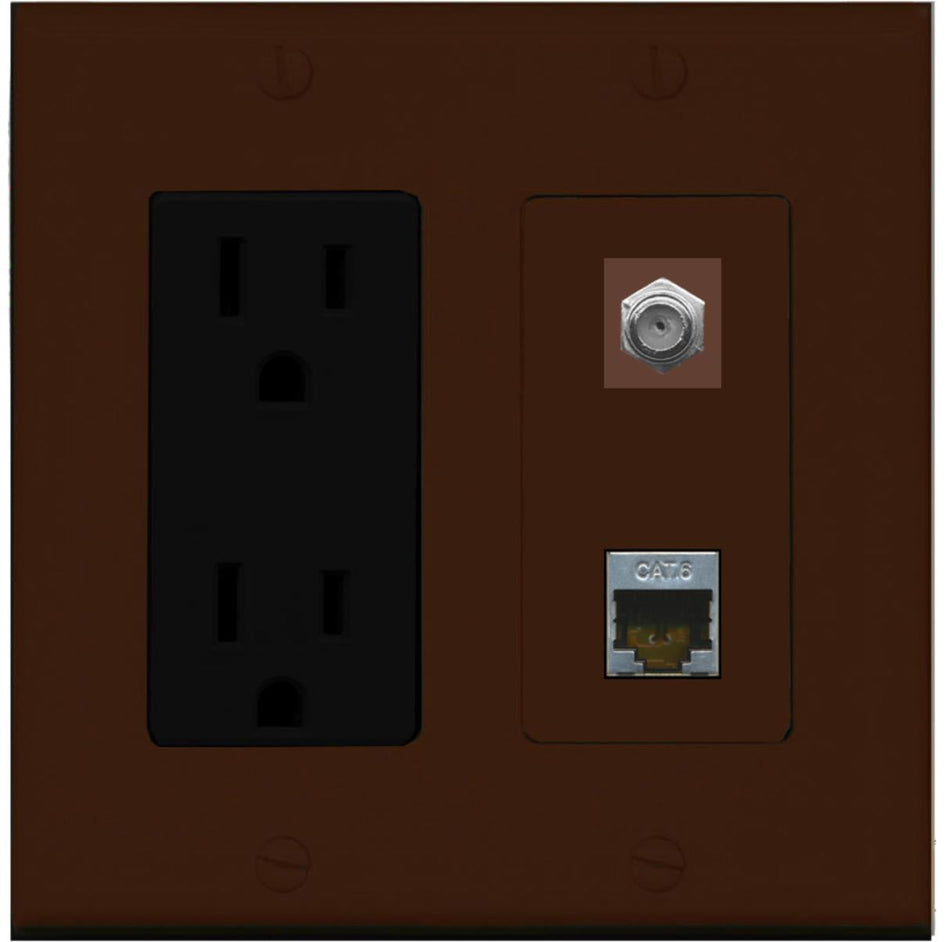 RiteAV - 15 Amp Power Outlet and 1 Port Coax Cable TV- F-Type and 1 Port Shielded Cat6 Ethernet Decorative Type Wall Plate - Brown