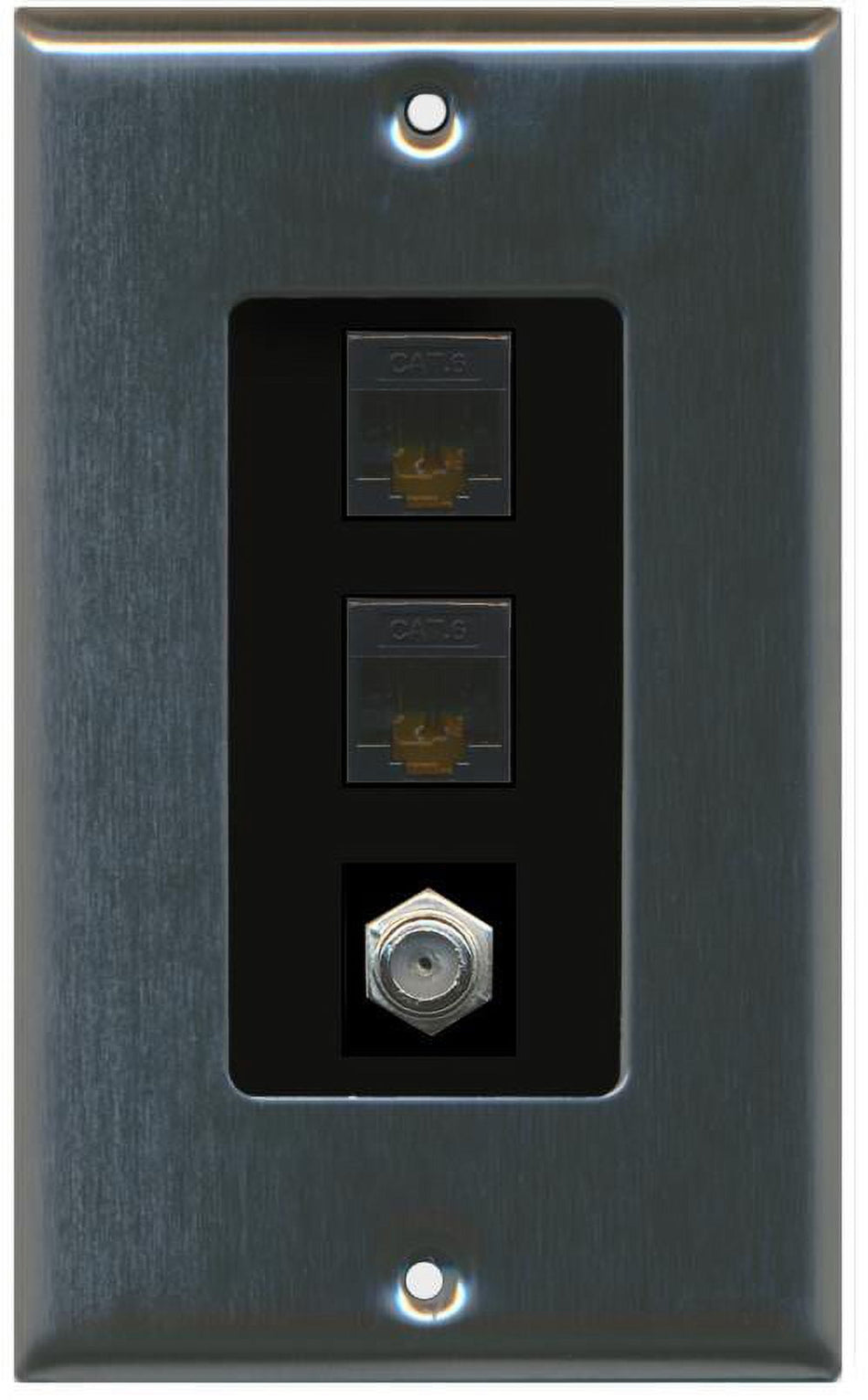 RiteAV Decorative 1 Gang Wall Plate (Stainless Steel/Black) 3 Port - 2 x Cat6, 1 x Coax