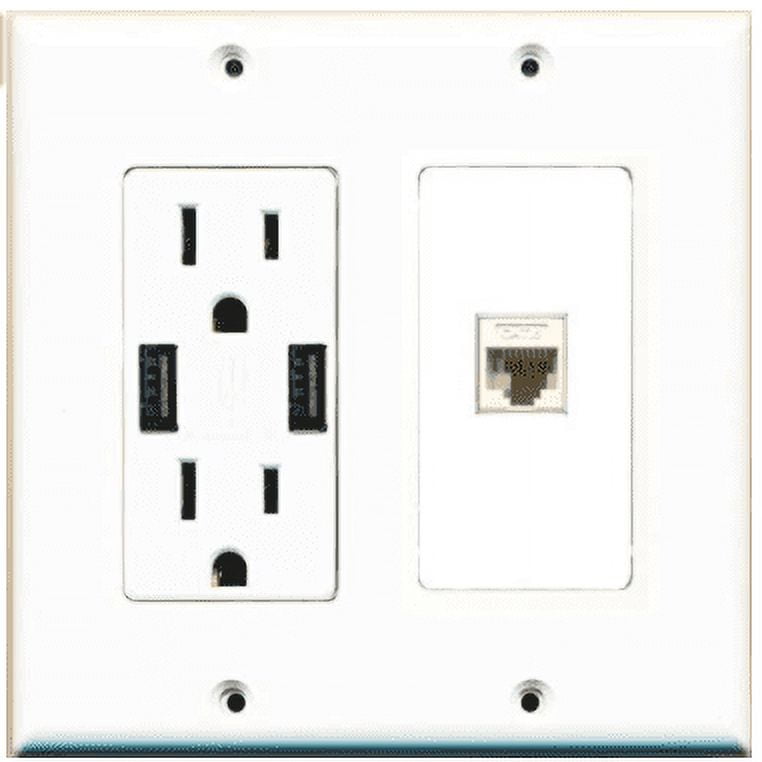 RiteAV USB Charger Outlet 15A/125V with Dual 3.6A USB Charging Ports and 1 x Cat6 Ethernet Decorative White Wall Plate