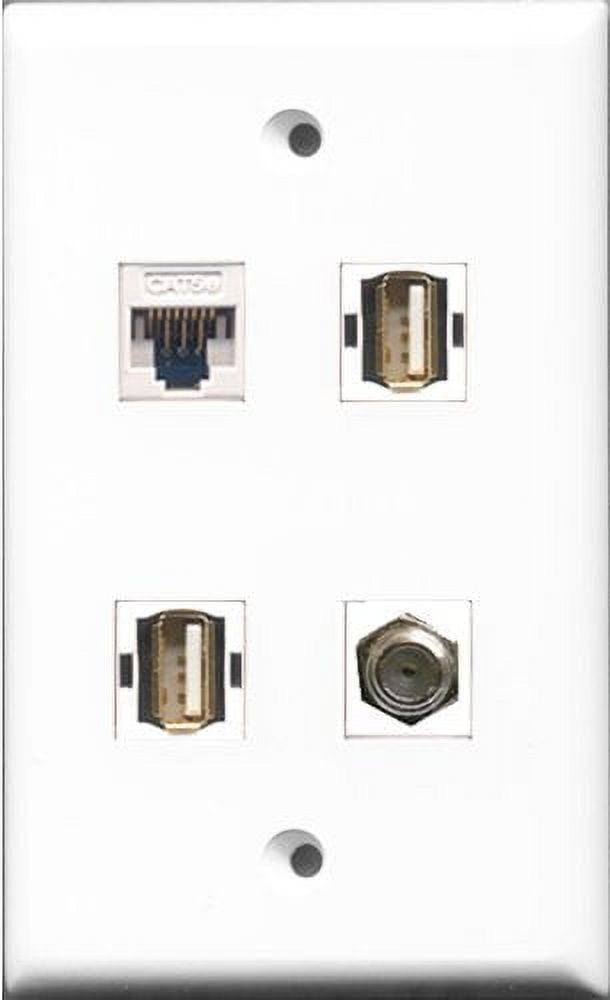 RiteAV 1 Port Coax Cable TV- F-Type 2 Port USB A-A and 1 Port Cat5e Ethernet White Wall Plate