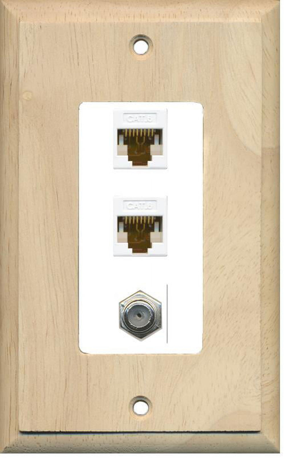 RiteAV Decorative 1 Gang Wall Plate (Wood/White) 3 Port - 2 x Cat6, 1 x Coax