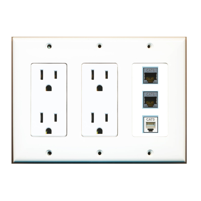 3 Port Custom Keystone Wall Plate w/Dual DecorZ Power Outlet White