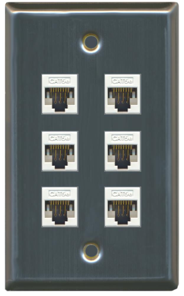 RiteAV 1 Gang 6 Port Cat5e Wall Plate - Stainless