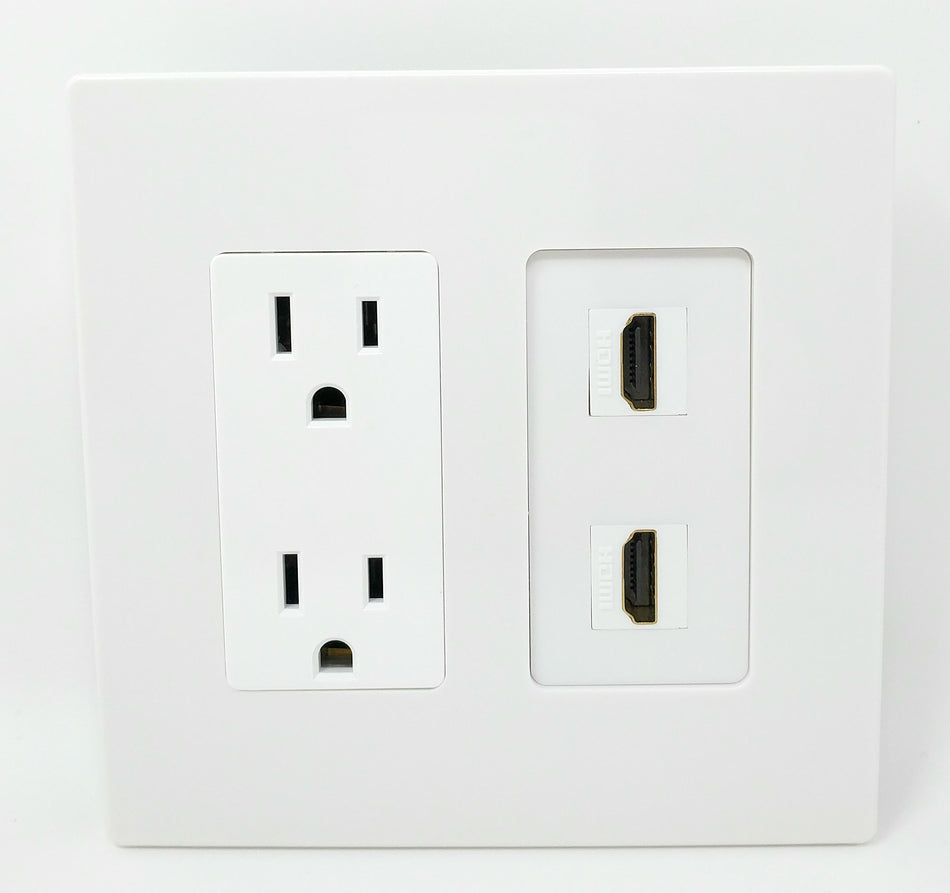 RiteAV - 15 Amp Power Outlet 2 Port HDMI Decorative Type Screwless Wall Plate - White