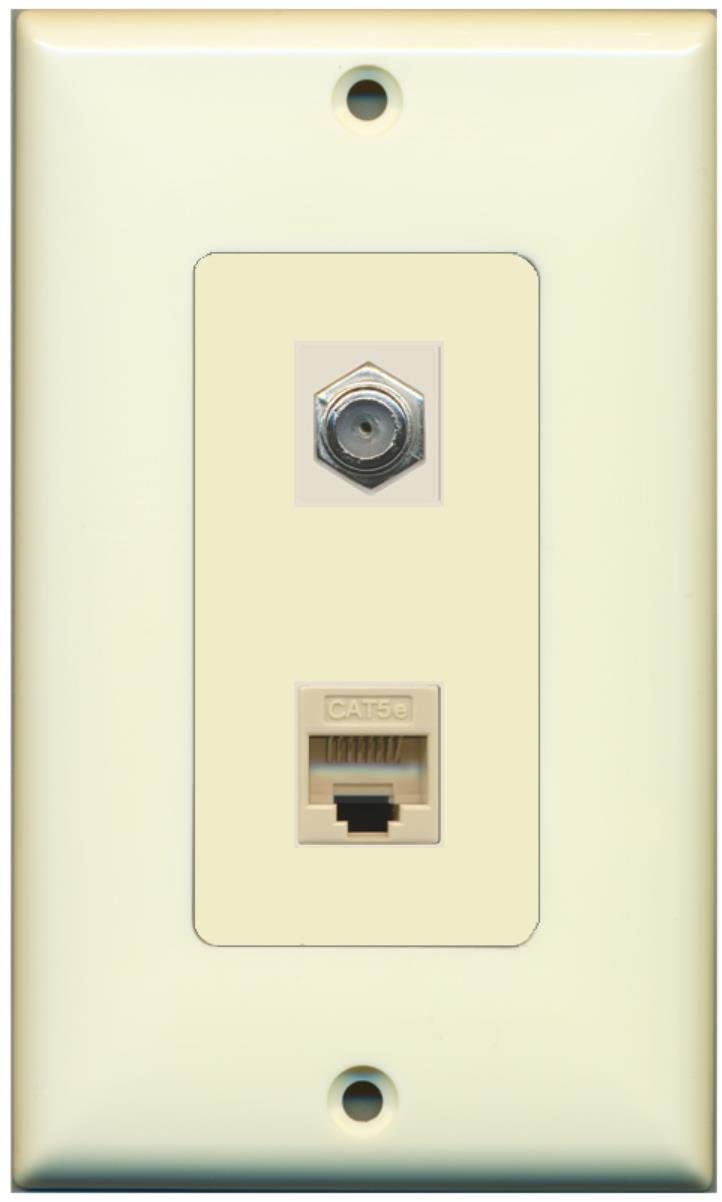 RiteAV - 1 Port Coax Port Cable TV F Type - 1 Port Cat5e Ethernet Decorative Wall Plate - Light Almond - Bracket Included
