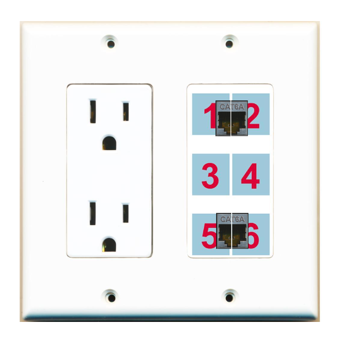 6 Port Custom Keystone Wall Plate w/DecorZ Power Outlet White