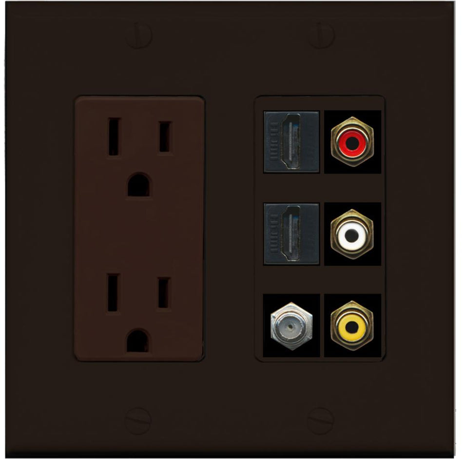 RiteAV - 2 x 15 Amp 125V Power Outlet 3 x RCA - 2 X HDMI and 1 x Coax Cable TV Port Wall Plate Brown