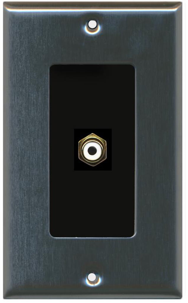 RiteAV - 1 RCA White for Subwoofer Audio Port Wall Plate Decorative - Stainless Steel & Black - Bracket Included