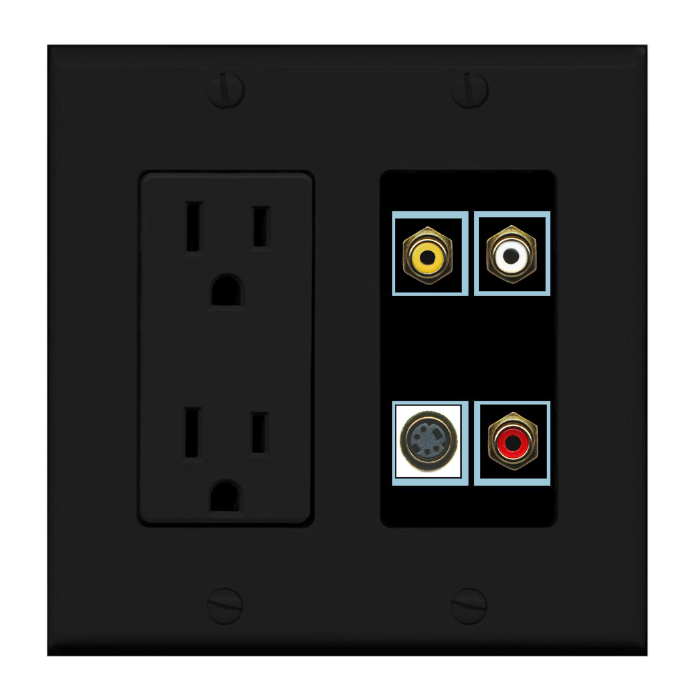 4 Port Custom Keystone Wall Plate w/DecorZ Power Outlet Black